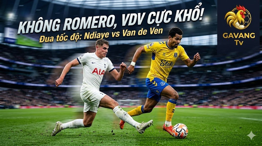 Trung vệ Micky van de Ven vất vả đua tốc độ với Iliman Ndiaye của Everton khi hàng thủ Tottenham lộ khoảng trống vì thiếu vắng Cristian Romero.