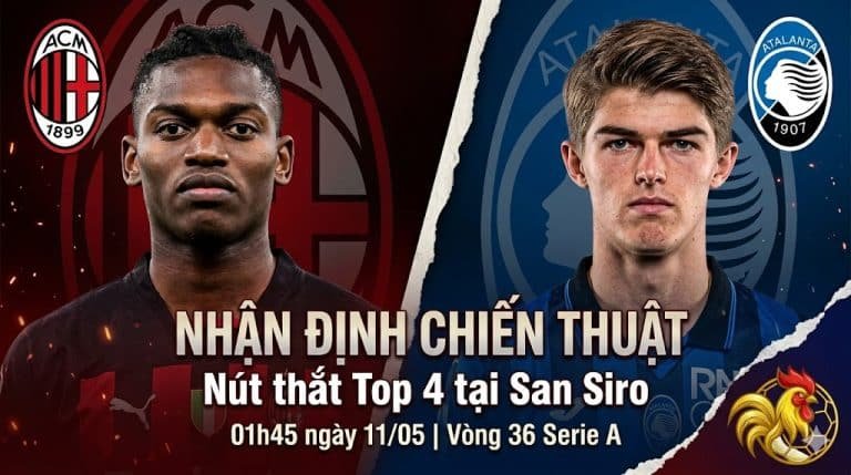 Bìa nhận định AC Milan vs Atalanta vòng 36 Serie A trên Gavang TV với Rafael Leão và Charles De Ketelaere.