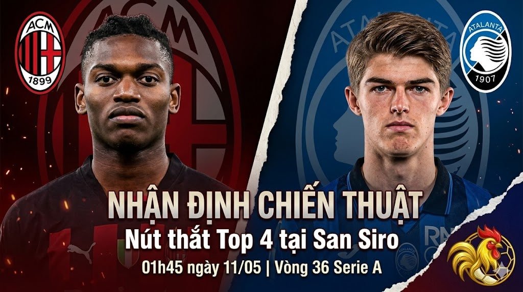 Bìa nhận định AC Milan vs Atalanta vòng 36 Serie A trên Gavang TV với Rafael Leão và Charles De Ketelaere.