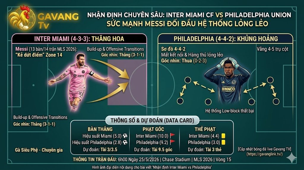 Bản đồ phân tích chiến thuật thể hiện không gian hoạt động của Lionel Messi tại khu vực Zone 14 trong trận Inter Miami vs Philadelphia.