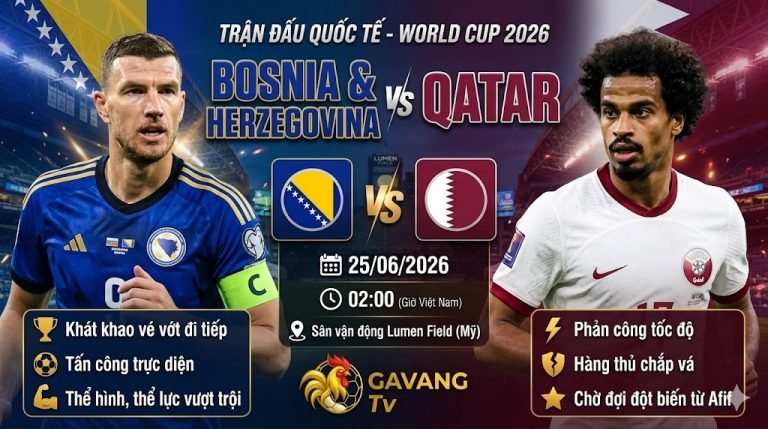Nhận định trận đấu Bosnia vs Qatar vòng bảng World Cup 2026, hình ảnh đối đầu trực tiếp giữa Edin Dzeko và Akram Afif cập nhật mới nhất từ Gavang TV.