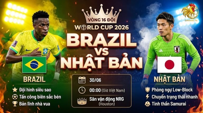 Hình ảnh nhận định trận đấu Brazil vs Nhật Bản tại vòng 16 đội World Cup 2026, nổi bật với ngôi sao Vinicius Junior.