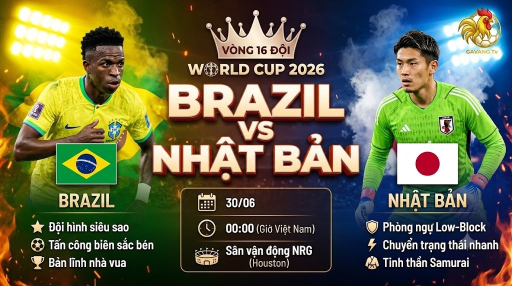 Hình ảnh nhận định trận đấu Brazil vs Nhật Bản tại vòng 16 đội World Cup 2026, nổi bật với ngôi sao Vinicius Junior.