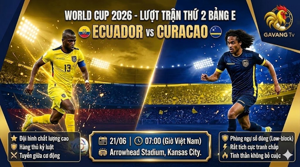 Nhận định bóng đá trận Ecuador vs Curacao bảng E World Cup 2026 chi tiết tại Gavang TV. Hình ảnh hiển thị thông tin thời gian, địa điểm thi đấu và điểm mạnh nổi bật của hai đội tuyển.