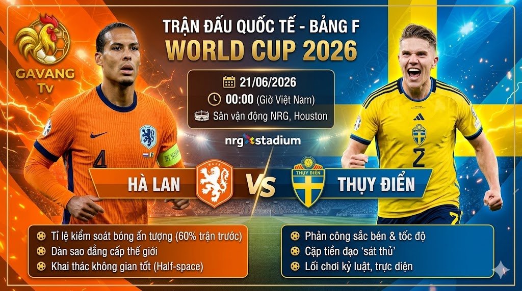 Nhận định bóng đá Hà Lan vs Thụy Điển bảng F World Cup 2026 - Cuộc đối đầu hấp dẫn giữa Van Dijk và Gyokeres trên Gavang TV.