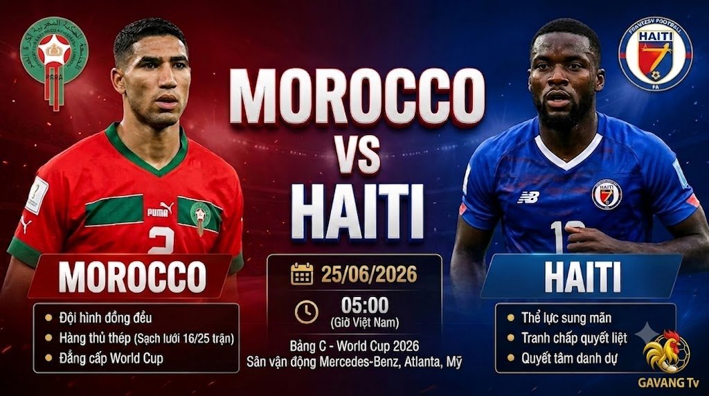Hình ảnh nhận định và lịch thi đấu trực tiếp trận Morocco vs Haiti tại bảng C World Cup 2026 trên kênh Gavang TV.