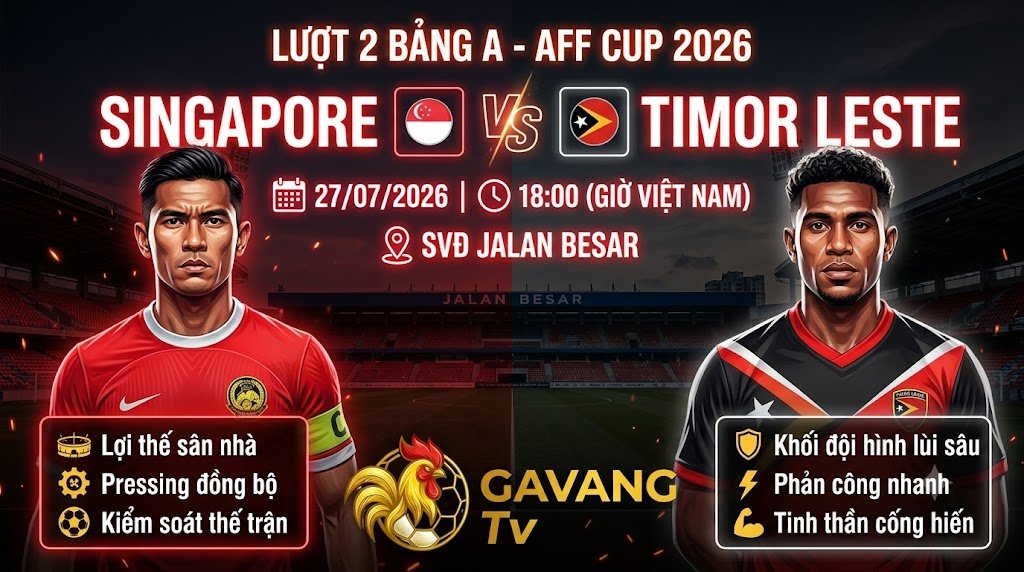Ảnh bìa nhận định trận đấu Singapore vs Timor Leste ở AFF Cup 2026, với tông màu đỏ (Singapore) và tông màu trắng/đen/đỏ (Timor Leste) được chia cắt rõ ràng. Chữ neon lớn ghi 'LƯỢT 2 BẢNG A - AFF CUP 2026', 'SINGAPORE vs TIMOR LESTE', kèm thời gian và địa điểm. Cầu thủ Hariss Harun của Singapore và Joao Pedro của Timor Leste hiện lên mạnh mẽ, kèm các điểm nhấn chiến thuật cho mỗi đội. Logo Gavang TV ở dưới cùng.