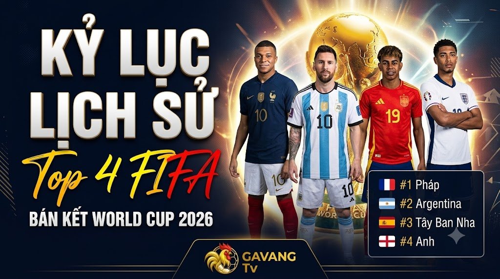Kỷ lục lịch sử Bán kết World Cup 2026 với 4 đội dẫn đầu bảng xếp hạng FIFA gồm Pháp, Argentina, Tây Ban Nha và Anh được cập nhật trên Gavang TV.