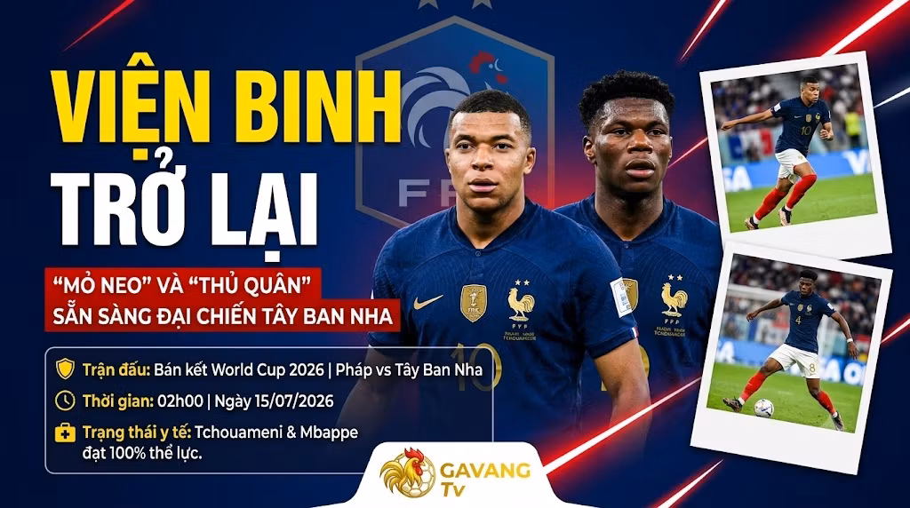 Gavang TV cập nhật lực lượng: Kylian Mbappe và Aurelien Tchouameni đạt 100% thể lực, sẵn sàng trở lại đội hình tuyển Pháp đại chiến Tây Ban Nha tại bán kết World Cup 2026.