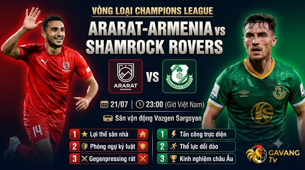Ảnh bìa nhận định trận đấu giữa Ararat-Armenia và Shamrock Rovers tại vòng loại Champions League ngày 21/07/2026.