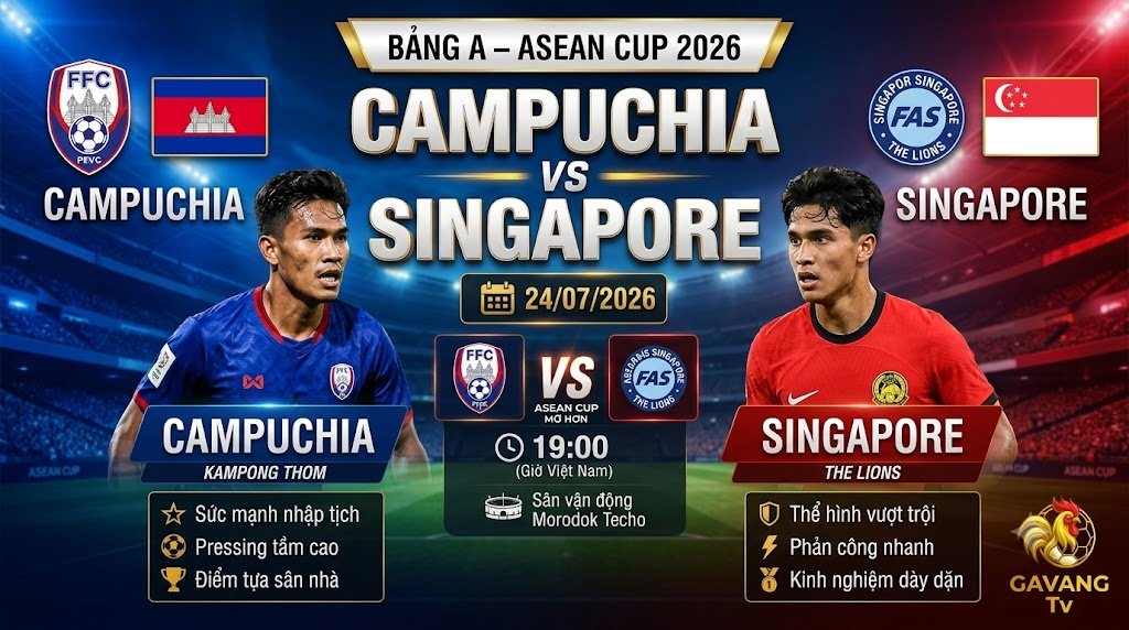Nhận định Campuchia vs Singapore 19h00 ngày 24/7 Bảng A ASEAN Cup 2026