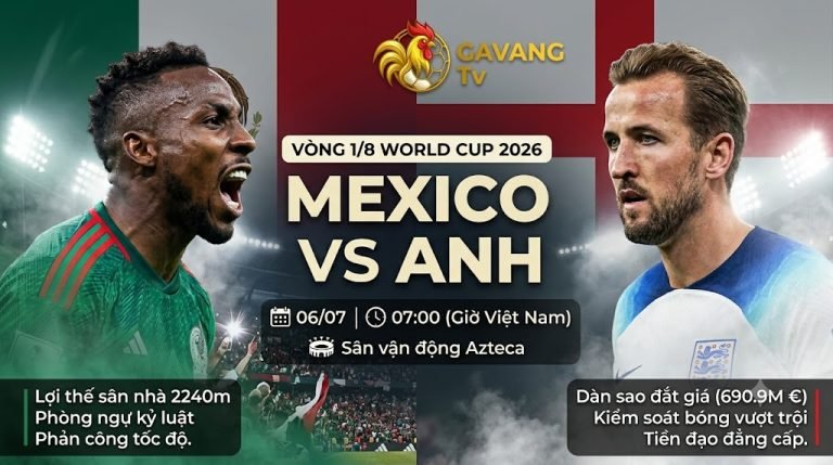 Nhận định trực tiếp trận đấu Mexico vs Anh vòng 1/8 World Cup 2026 chi tiết tại kênh Gavang TV.