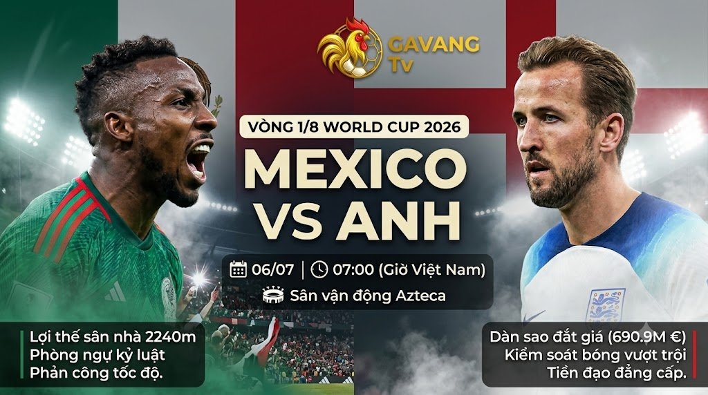 Nhận định trực tiếp trận đấu Mexico vs Anh vòng 1/8 World Cup 2026 chi tiết tại kênh Gavang TV.