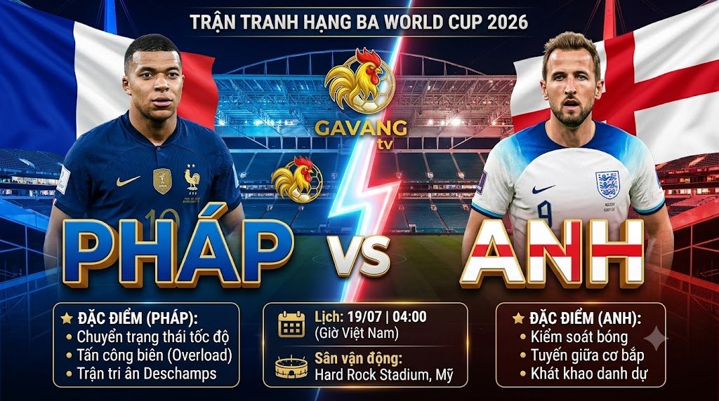 Ảnh bìa nhận định trận đấu Pháp vs Anh tranh hạng 3 World Cup 2026 với Kylian Mbappe và Harry Kane tại Gavang TV.