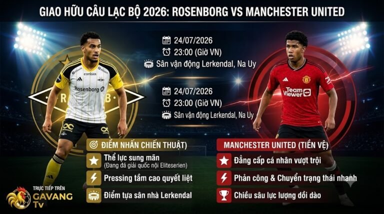 Ảnh bìa nhận định trận đấu giao hữu giữa Rosenborg vs Manchester United lúc 23h00 ngày 24/7/2026 với thông tin chiến thuật từ Gavang TV.