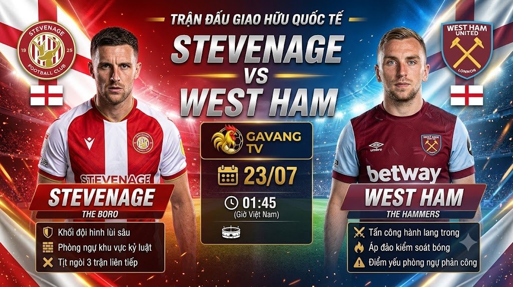 Nhận định trận đấu giao hữu quốc tế giữa Stevenage vs West Ham lúc 01h45 ngày 23/07/2026 cập nhật trên Gavang TV.