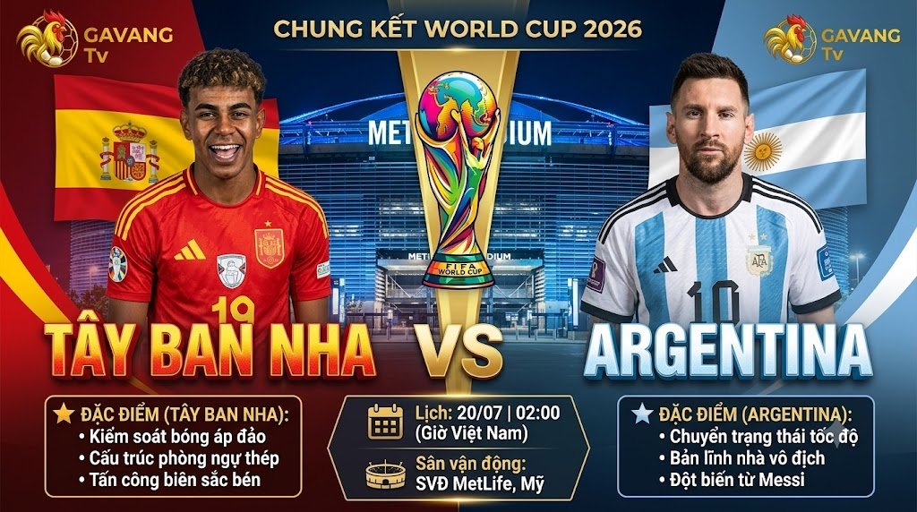 Ảnh bìa nhận định trận chung kết World Cup 2026 giữa Tây Ban Nha vs Argentina với cuộc đối đầu giữa Lamine Yamal và Lionel Messi tại Gavang TV.