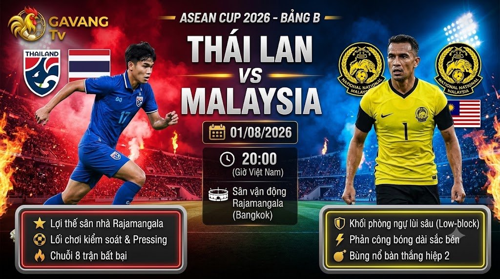 Nhận định và xem trực tiếp bóng đá trận Thái Lan vs Malaysia vòng bảng ASEAN Cup 2026 chất lượng cao trên Gavang TV.