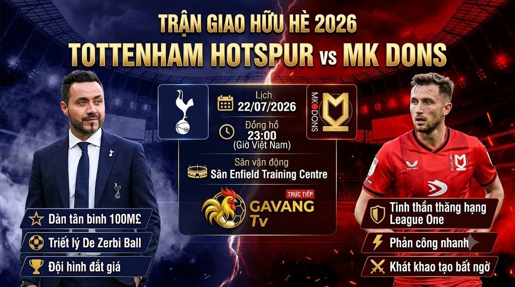 Nhận định trận đấu Tottenham vs MK Dons giao hữu Hè 2026, phân tích tỷ lệ kèo và chiến thuật chi tiết trên Gavang TV.