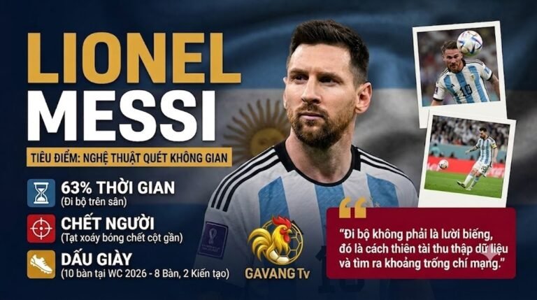 Phân tích chiến thuật nghệ thuật đi bộ và quét không gian của tiền đạo Lionel Messi trong trận Argentina thắng Thụy Sĩ 3-1 tại tứ kết World Cup 2026. Đồ họa thống kê chuyên sâu bởi Gavang TV.