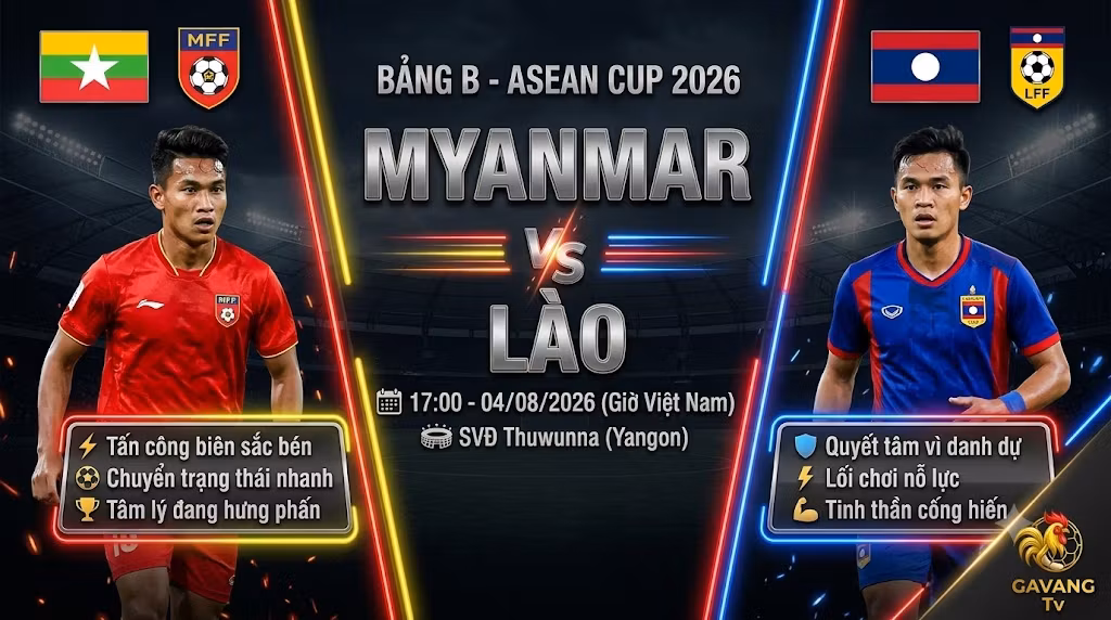 Nhận định trận đấu Myanmar vs Lào lúc 17h00 ngày 4/8 tại bảng B ASEAN Cup 2026 trên Gavang TV.